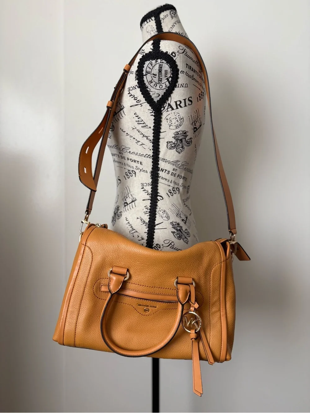Michael Kors Carine Pebbled Leather Satchel in Tan Brown